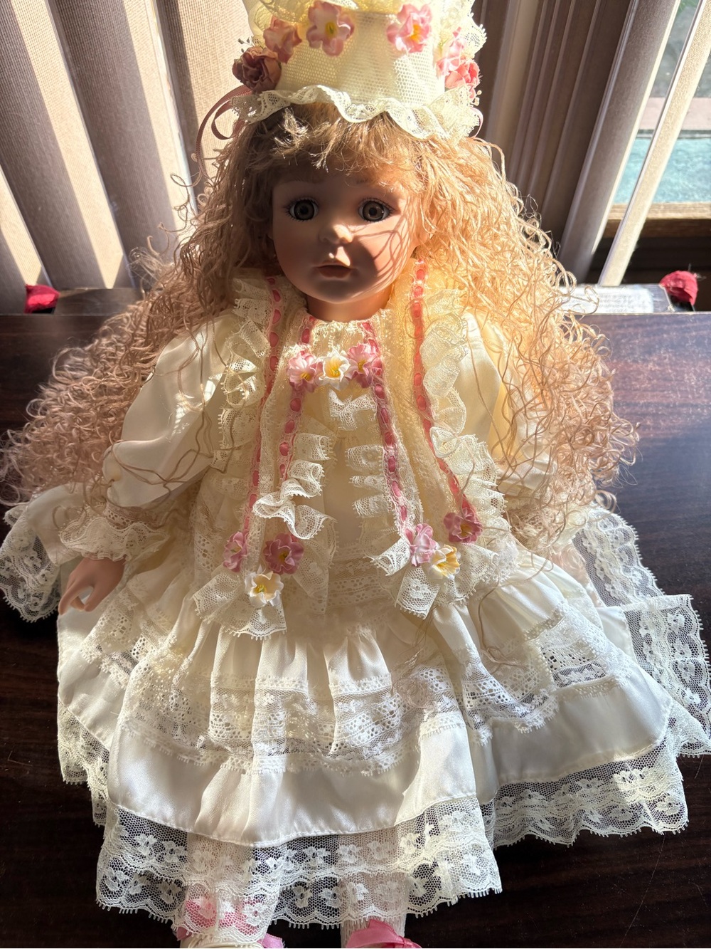 Victorian-Style Porcelain Doll in Cream Dress with Pink Accents